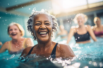 Retired Senior Enjoying Swimming and an Active Lifestyle in Pool African American Woman