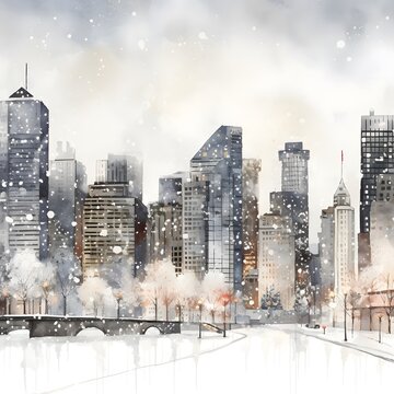 Winter cityscape with skyscrapers and snowflakes. Vector illustration.
