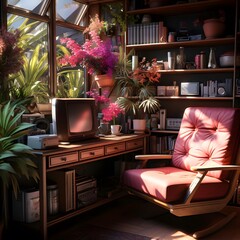 Cozy home office with a lot of plants and a laptop.