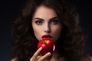 Beautiful Model Holding a Red Apple Next to Her Mouth A seductive fruit