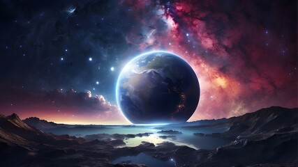 Obraz na płótnie Canvas Glowing galaxy, moon, planets, and moonlight on earth