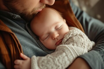 Father holding sleeping baby gently
