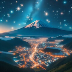  （静岡県）西伊豆井田の煌めきの丘から望む富士山　夜景 - obrazy, fototapety, plakaty