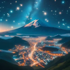 Fotobehang  （静岡県）西伊豆井田の煌めきの丘から望む富士山　夜景 © Lab