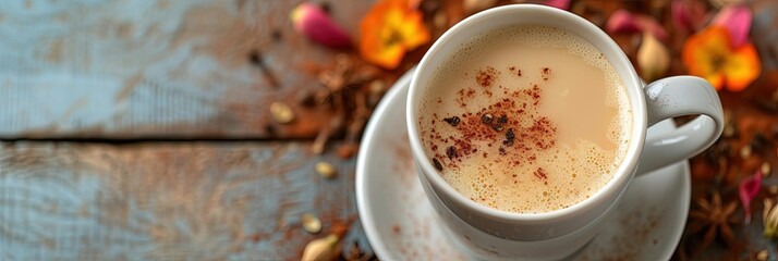 Spiced chai tea concept on table with spices - obrazy, fototapety, plakaty