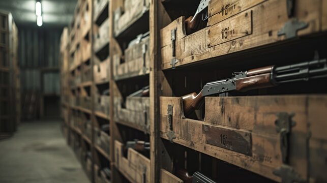 Inside military storage, Metal and wooden boxes of guns stored in dark warehouse