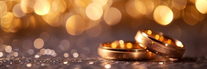 Golden wedding bands on table with bokeh background - obrazy, fototapety, plakaty