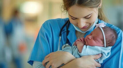 Nurse holding a newborn baby infant - obrazy, fototapety, plakaty