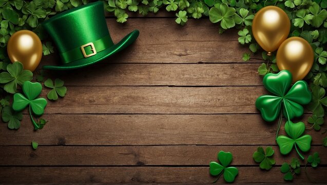 Composition: Green shamrock, Ireland flag and hat on wooden background.St. Patrick's holiday concept.Background for design, greeting card, banner, flyer, advertisement, menu, with copy space for text