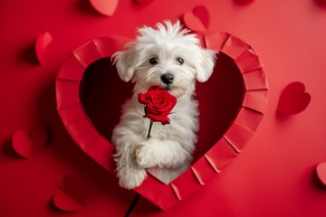 White dog with rose in heart shape