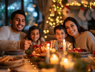 Hispanic family enjoying a traditional Latin American Christmas dinner together at the table.