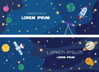 set of banner icons with abstract shapes and planets. space exploration illustration on blue background.