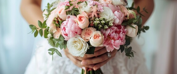 Bride holding floral bouquet before wedding - obrazy, fototapety, plakaty