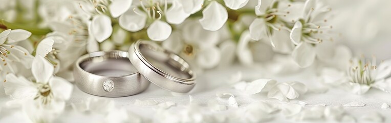two wedding bands with flowers for a marriage banner on solid background with copy space 
