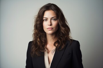 Portrait of young businesswoman in black suit. Studio shot.