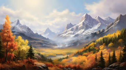 Autumn landscape with colorful forest and mountains. Panoramic view.