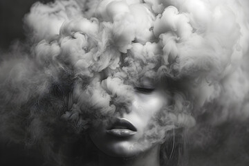 A mysterious portrait of a girl with her head covered in cloud or smoke, creating a surreal and ethereal atmosphere.