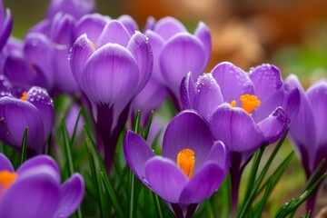 Bright purple crocuses growing on fertile spring soil, symbolizing spring