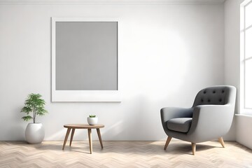 Modern minimalist interior with a gray armchair on empty white wall background.3D rendering