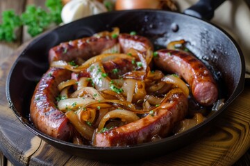 Polish sausage kielbasa with sauteed onions, rustic style in a skillet