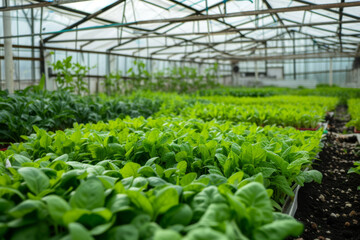 Greenhouse tunnel with young fresh organic vegetables. Plant nursery, Agriculture vegetable plantation, greenhouse for growing crops.