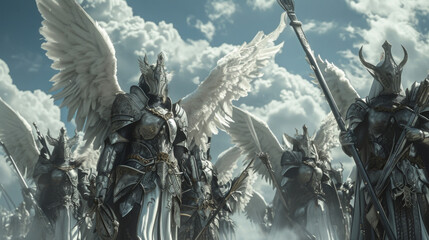 A group of Valkyries fly through a cloudy sky their armor shimmering in the sun and weapons at the ready. - obrazy, fototapety, plakaty