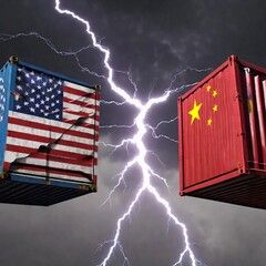 trade war. Flag of the People's Republic of China. American flag. Combined with containers and colliding with each other to describe the US-China trade war