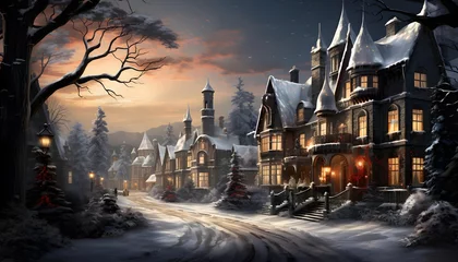 Foto op Plexiglas Winter night in the village. Winter landscape with houses and trees. © Iman