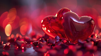Valentine's background with copy space. Glass Heart made of sparkles on a red background.