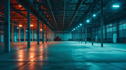 Interior photo of an empty warehouse, at night, teal and orange color palette