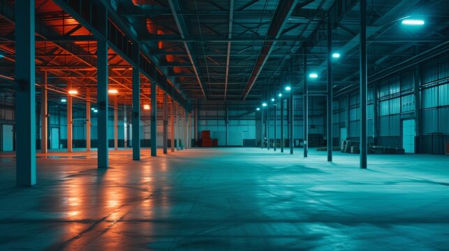 Interior photo of an empty warehouse, at night, teal and orange color palette