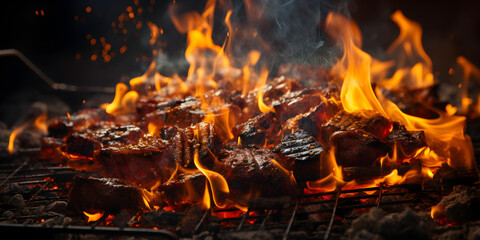 Barbecue on grill in fire - obrazy, fototapety, plakaty