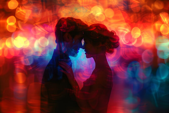 Digital portrait of a couple of beautiful young lovers dancing at a party on Valentine's Day, enjoying a romantic night