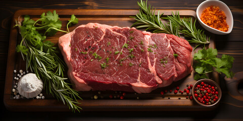 Raw red meat with herbs - obrazy, fototapety, plakaty