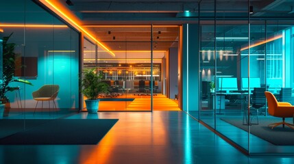 Fototapeta premium Interior of a corporate office space, at night, teal and orange color palette