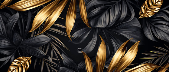 Luxurious pattern of golden and black tropical leaves on dark backdrop. Generative ai.