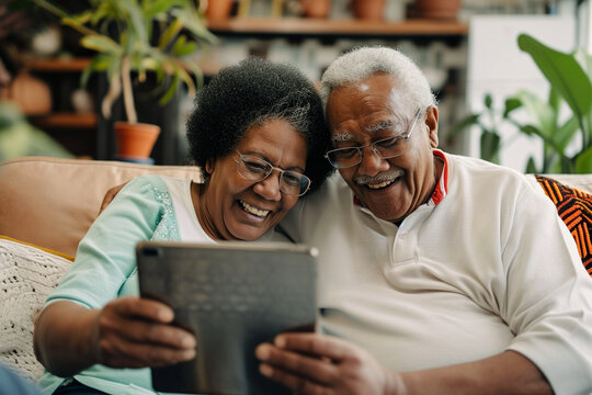 Senior Couple Laughing While Using Tablet Together at Home. Generative ai.