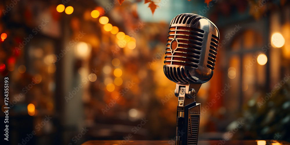 Wall mural retro microphone on stage with defocused glittering background