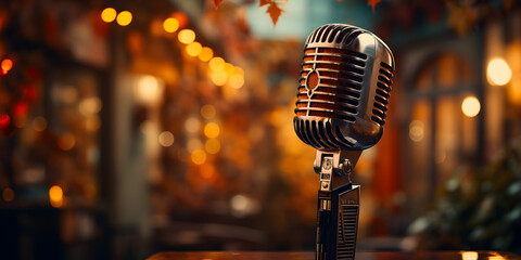 Retro microphone on stage with defocused glittering background
