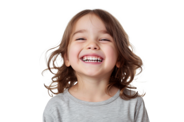 Studio portrait of a cute happy little girl with a beautiful smile isolated on transparent png background.