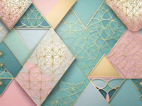 Geometric pattern with intricate golden lines on pastel colored backgrounds. Generative AI.