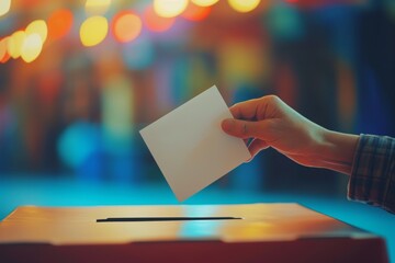 Hand dropping ballot into box against bright lights backdrop - obrazy, fototapety, plakaty