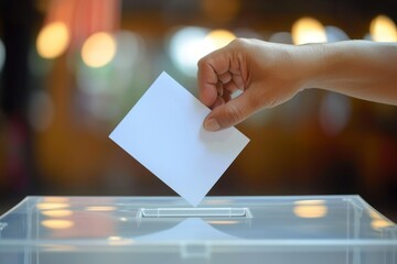 Hand placing ballot in transparent voting box - obrazy, fototapety, plakaty