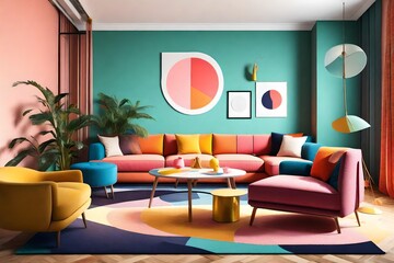 Interior design of colorful living room, interior concept of memphis design