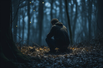 fresh and pure human with introspective feeling is evoked by fading light and haunting silhouettes in dark forest at twilight, creating a sense of solitude and isolation