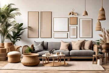 Interior design of cozy living room with mock up poster frame, modular sofa, gray armchair, travertine coffee table, braided basket, rattan sideboard and personal accessories.