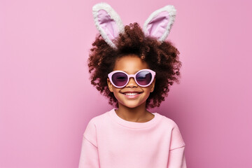 Smiling Girl with Bunny Ears and Sunglasses on Pink. Generative ai