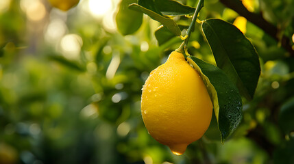 Close up of Bunch fresh ripe lemons with waterdrops at a lemon plantations. background, wallpaper.