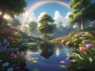 Colorful landscape featuring a calm pond surrounded by lush greenery, blooming flowers, and a vibrant rainbow arching across the sky. Generative AI.