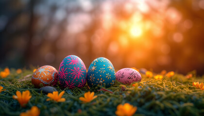 Colorful Easter eggs in vibrant spring among flowers placed on a moss covered forest floor, with...